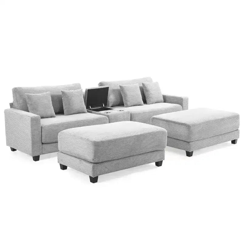 112" Corduroy Sectional Sofa with 2 Ottomans, Hidden Storage, Cup Holders & USB Charging Port, Seats 4