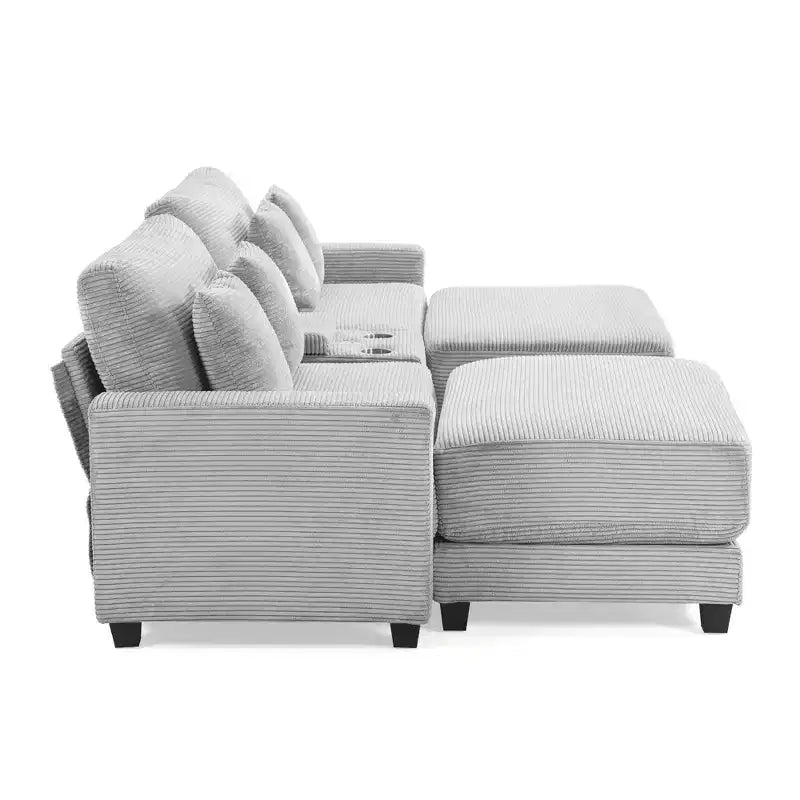 112" Corduroy Sectional Sofa with 2 Ottomans, Hidden Storage, Cup Holders & USB Charging Port, Seats 4