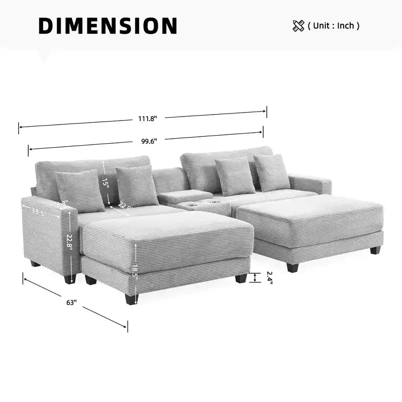 112" Corduroy Sectional Sofa with 2 Ottomans, Hidden Storage, Cup Holders & USB Charging Port, Seats 4