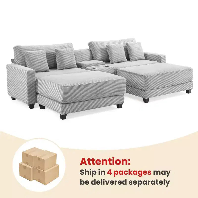 112" Corduroy Sectional Sofa with 2 Ottomans, Hidden Storage, Cup Holders & USB Charging Port, Seats 4