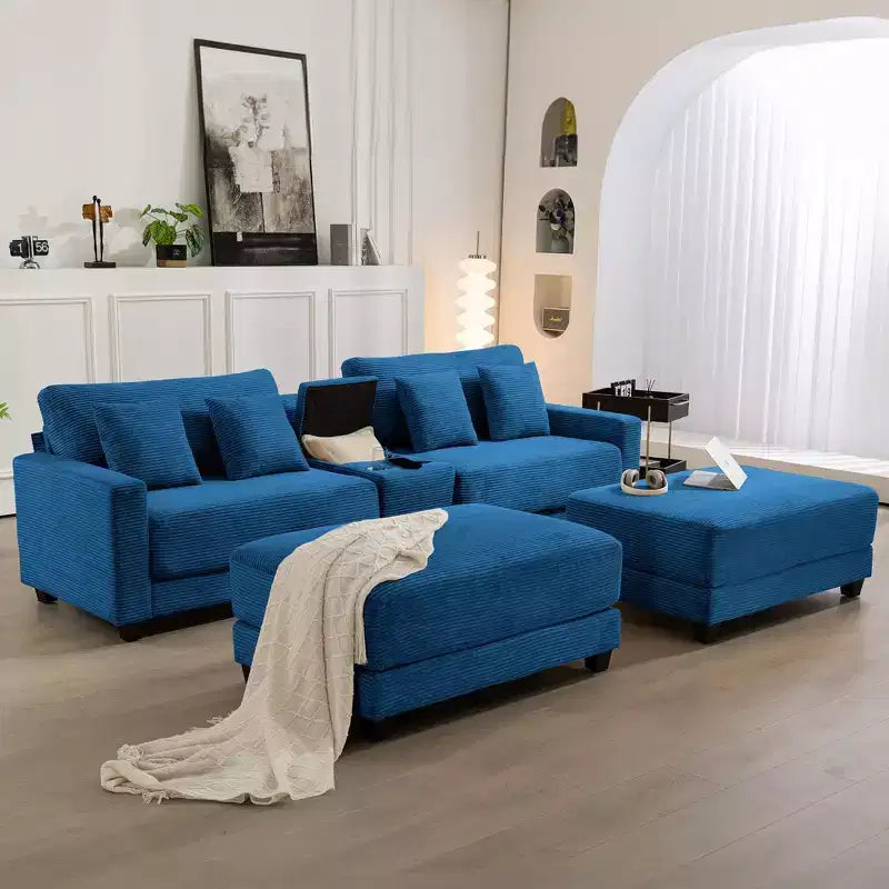 112" Corduroy Sectional Sofa with 2 Ottomans, Hidden Storage, Cup Holders & USB Charging Port, Seats 4
