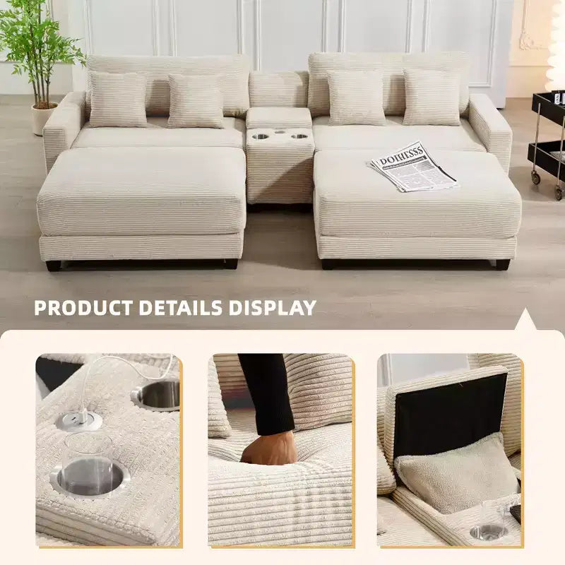 112" Corduroy Sectional Sofa with 2 Ottomans, Hidden Storage, Cup Holders & USB Charging Port, Seats 4