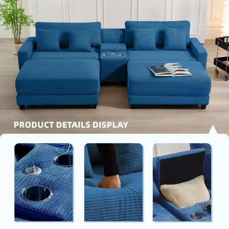 112" Corduroy Sectional Sofa with 2 Ottomans, Hidden Storage, Cup Holders & USB Charging Port, Seats 4