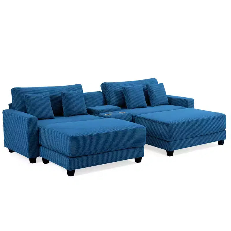 112" Corduroy Sectional Sofa with 2 Ottomans, Hidden Storage, Cup Holders & USB Charging Port, Seats 4