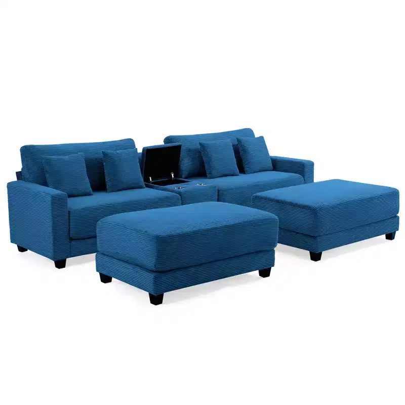 112" Corduroy Sectional Sofa with 2 Ottomans, Hidden Storage, Cup Holders & USB Charging Port, Seats 4