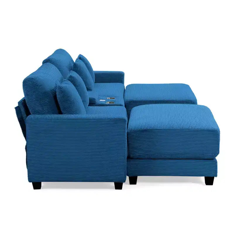 112" Corduroy Sectional Sofa with 2 Ottomans, Hidden Storage, Cup Holders & USB Charging Port, Seats 4