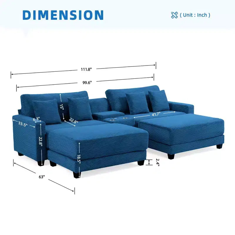 112" Corduroy Sectional Sofa with 2 Ottomans, Hidden Storage, Cup Holders & USB Charging Port, Seats 4