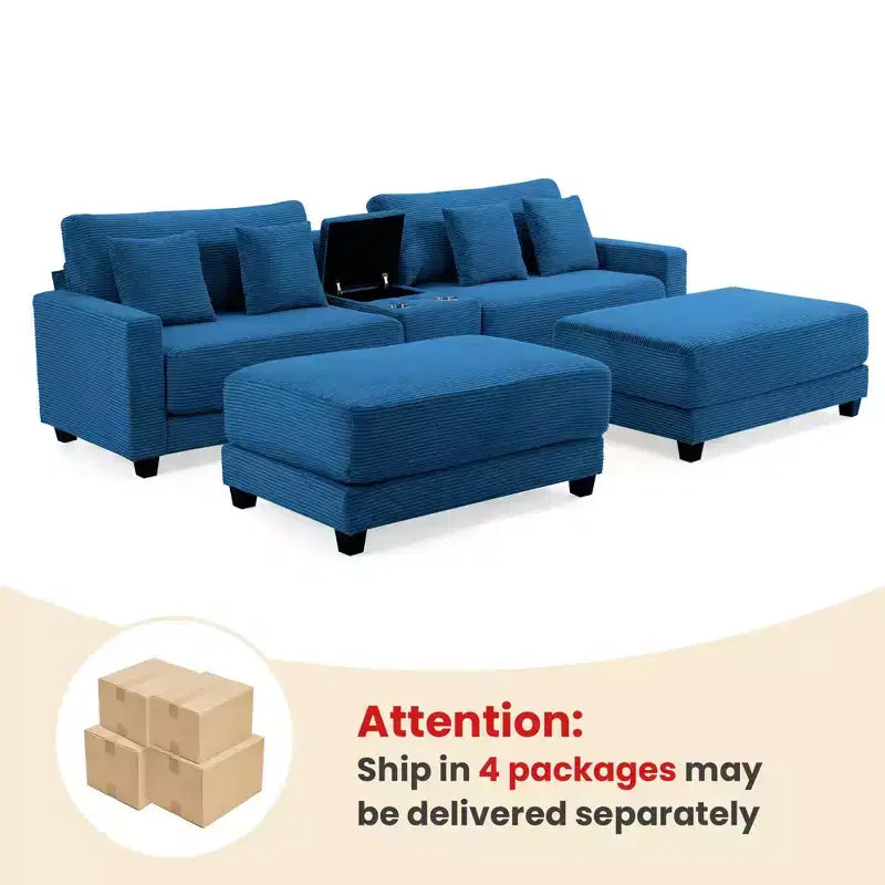112" Corduroy Sectional Sofa with 2 Ottomans, Hidden Storage, Cup Holders & USB Charging Port, Seats 4