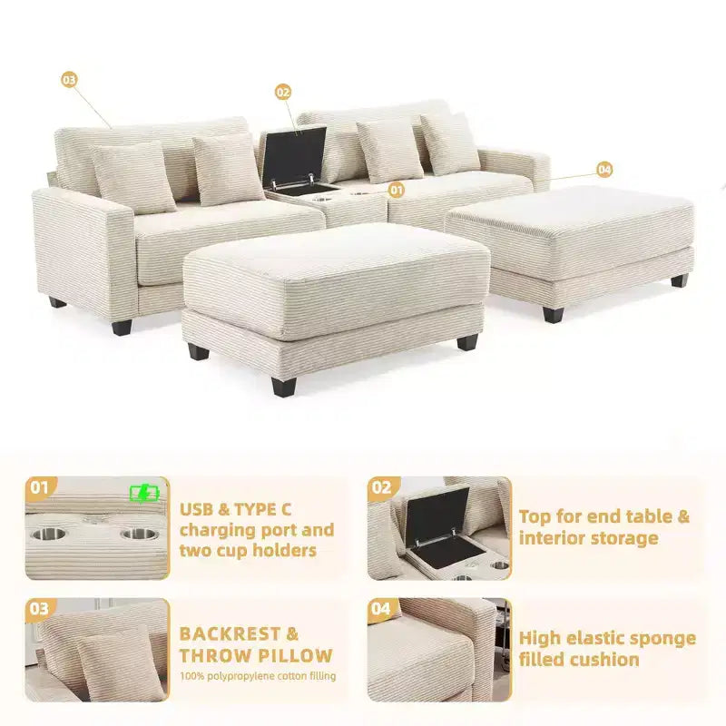 112" Corduroy Sectional Sofa with 2 Ottomans, Hidden Storage, Cup Holders & USB Charging Port, Seats 4