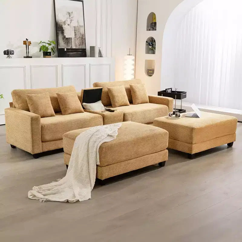 112" Corduroy Sectional Sofa with 2 Ottomans, Hidden Storage, Cup Holders & USB Charging Port, Seats 4