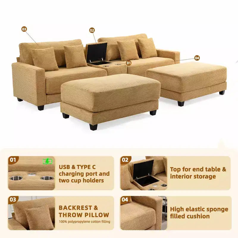 112" Corduroy Sectional Sofa with 2 Ottomans, Hidden Storage, Cup Holders & USB Charging Port, Seats 4