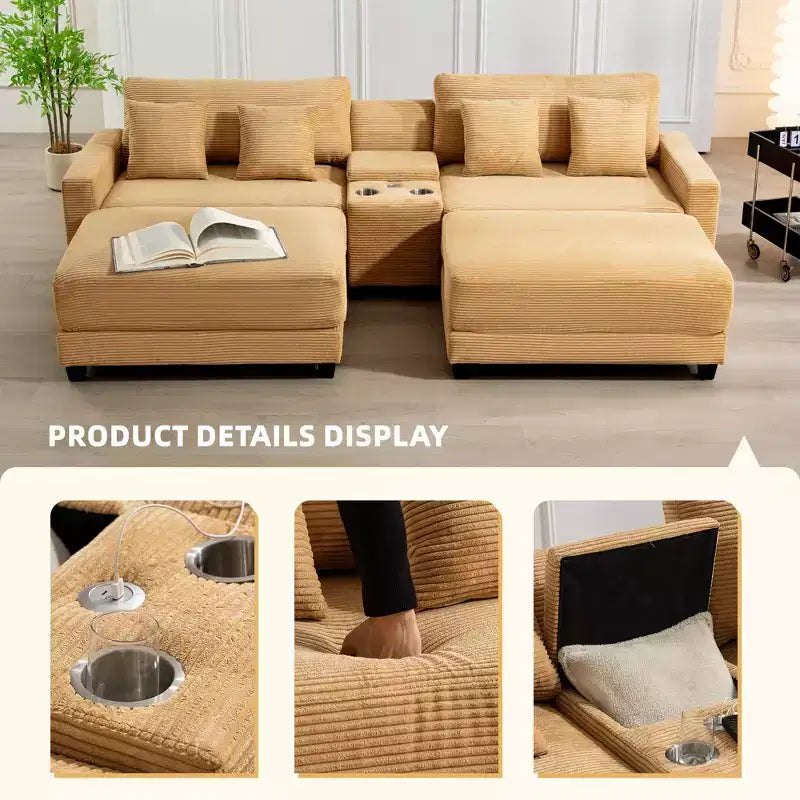 112" Corduroy Sectional Sofa with 2 Ottomans, Hidden Storage, Cup Holders & USB Charging Port, Seats 4