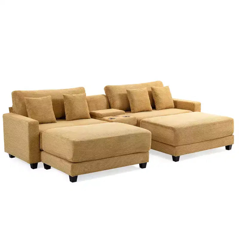 112" Corduroy Sectional Sofa with 2 Ottomans, Hidden Storage, Cup Holders & USB Charging Port, Seats 4
