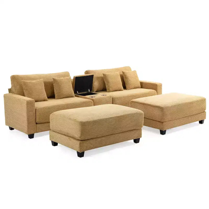 112" Corduroy Sectional Sofa with 2 Ottomans, Hidden Storage, Cup Holders & USB Charging Port, Seats 4