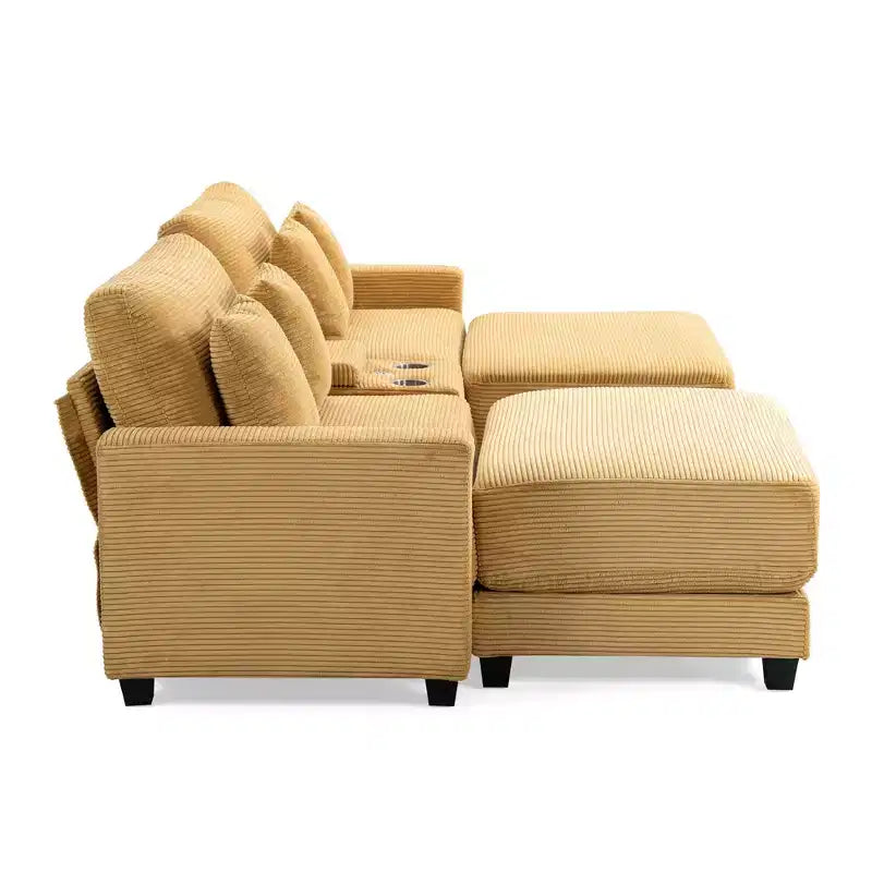112" Corduroy Sectional Sofa with 2 Ottomans, Hidden Storage, Cup Holders & USB Charging Port, Seats 4