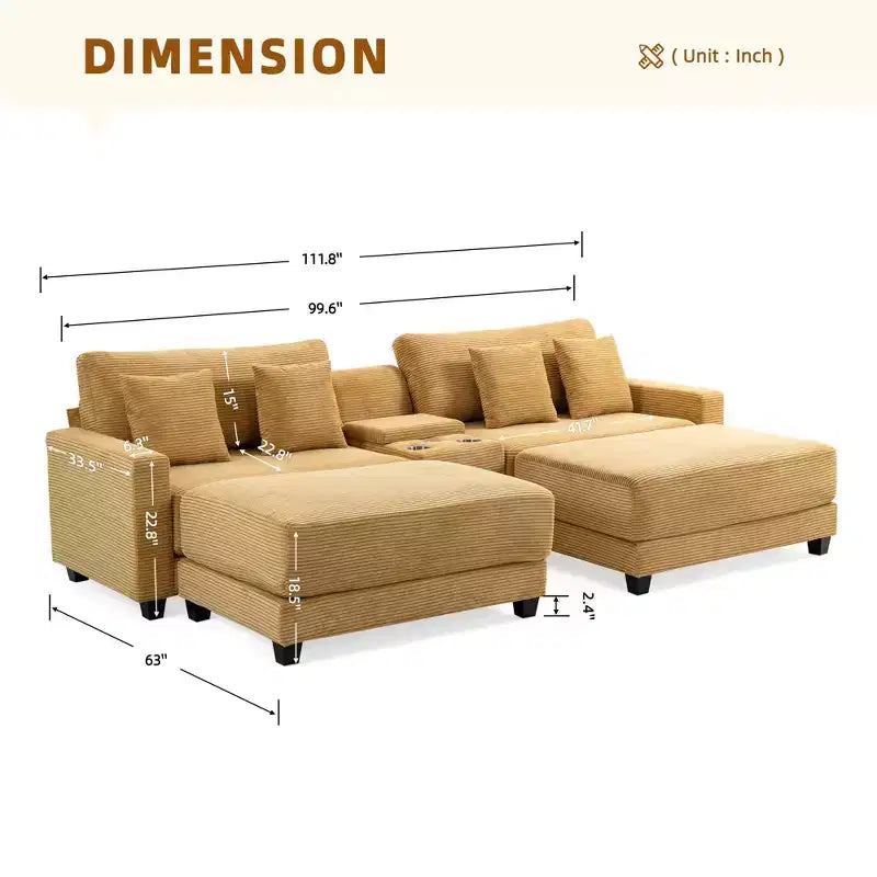 112" Corduroy Sectional Sofa with 2 Ottomans, Hidden Storage, Cup Holders & USB Charging Port, Seats 4
