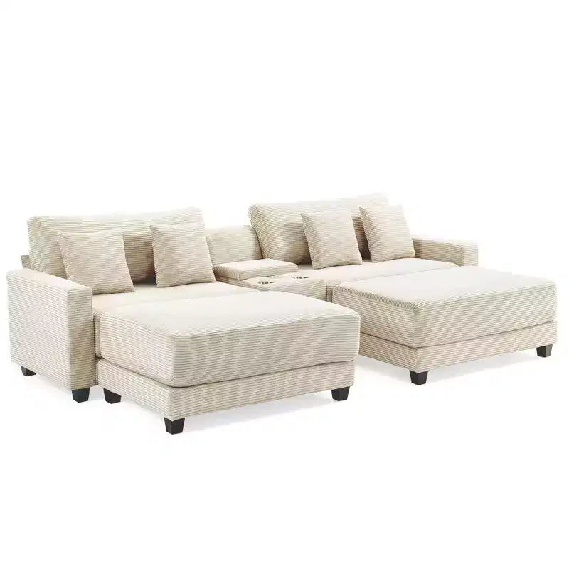 112" Corduroy Sectional Sofa with 2 Ottomans, Hidden Storage, Cup Holders & USB Charging Port, Seats 4