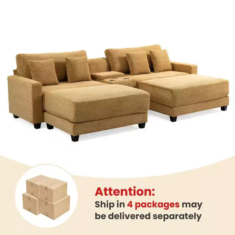 112" Corduroy Sectional Sofa with 2 Ottomans, Hidden Storage, Cup Holders & USB Charging Port, Seats 4