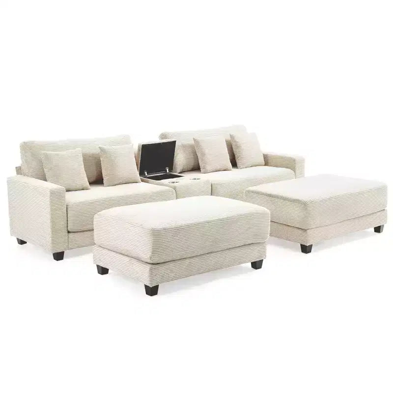 112" Corduroy Sectional Sofa with 2 Ottomans, Hidden Storage, Cup Holders & USB Charging Port, Seats 4