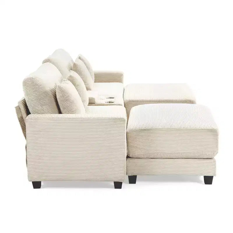 112" Corduroy Sectional Sofa with 2 Ottomans, Hidden Storage, Cup Holders & USB Charging Port, Seats 4