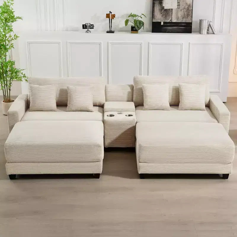 112" Corduroy Sectional Sofa with 2 Ottomans, Hidden Storage, Cup Holders & USB Charging Port, Seats 4