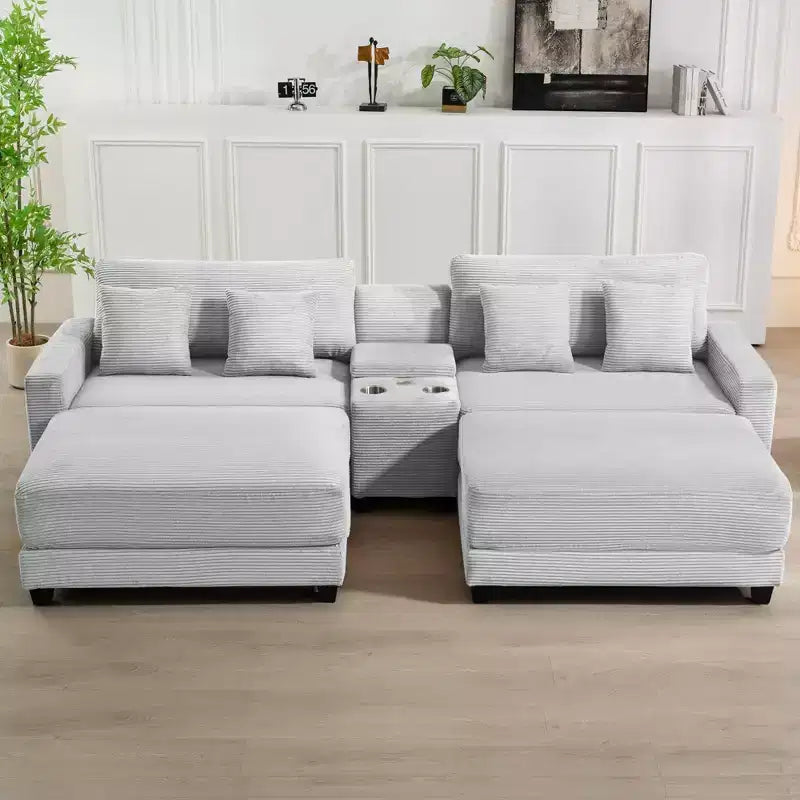 112" Corduroy Sectional Sofa with 2 Ottomans, Hidden Storage, Cup Holders & USB Charging Port, Seats 4