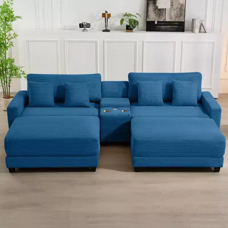 112" Corduroy Sectional Sofa with 2 Ottomans, Hidden Storage, Cup Holders & USB Charging Port, Seats 4
