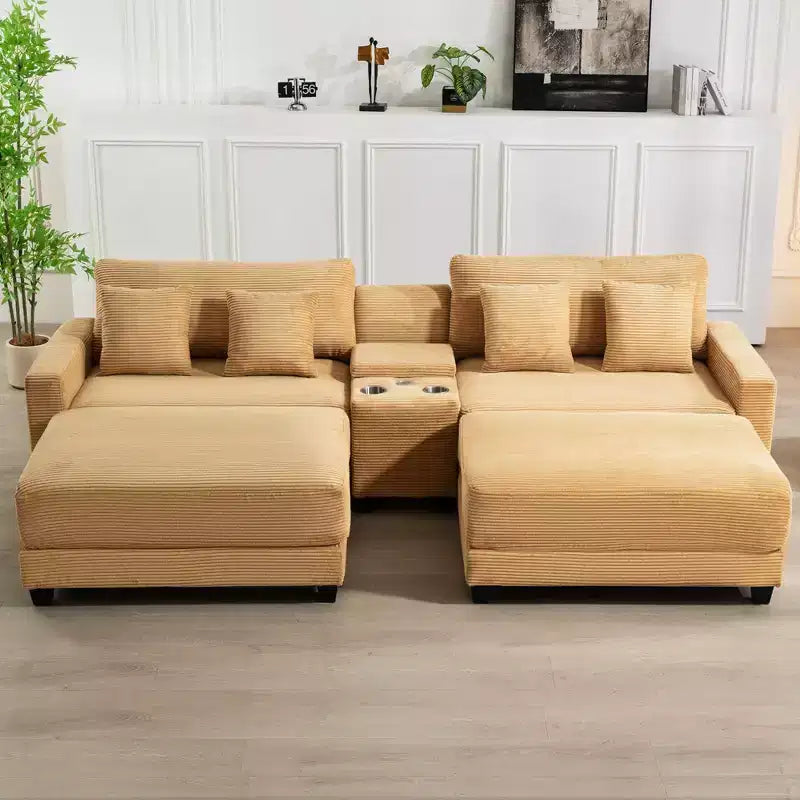 112" Corduroy Sectional Sofa with 2 Ottomans, Hidden Storage, Cup Holders & USB Charging Port, Seats 4