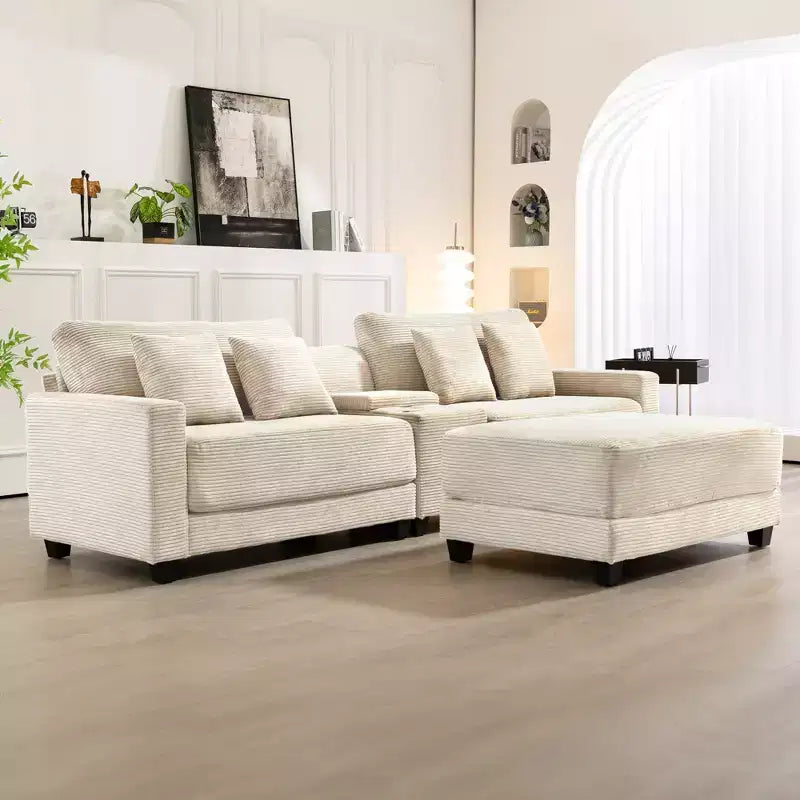 3-Piece 112" Corduroy Sectional Sofa with Ottoman, Hidden Storage, Cup Holders & USB Charging Port