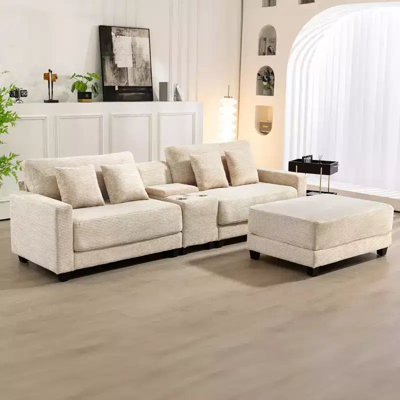 3-Piece 112" Corduroy Sectional Sofa with Ottoman, Hidden Storage, Cup Holders & USB Charging Port