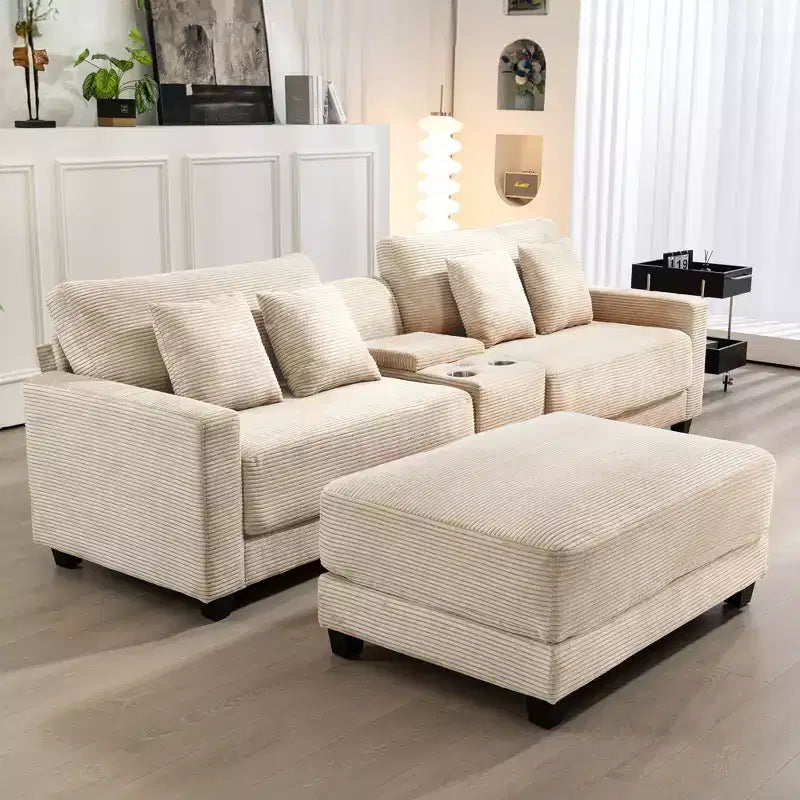 3-Piece 112" Corduroy Sectional Sofa with Ottoman, Hidden Storage, Cup Holders & USB Charging Port