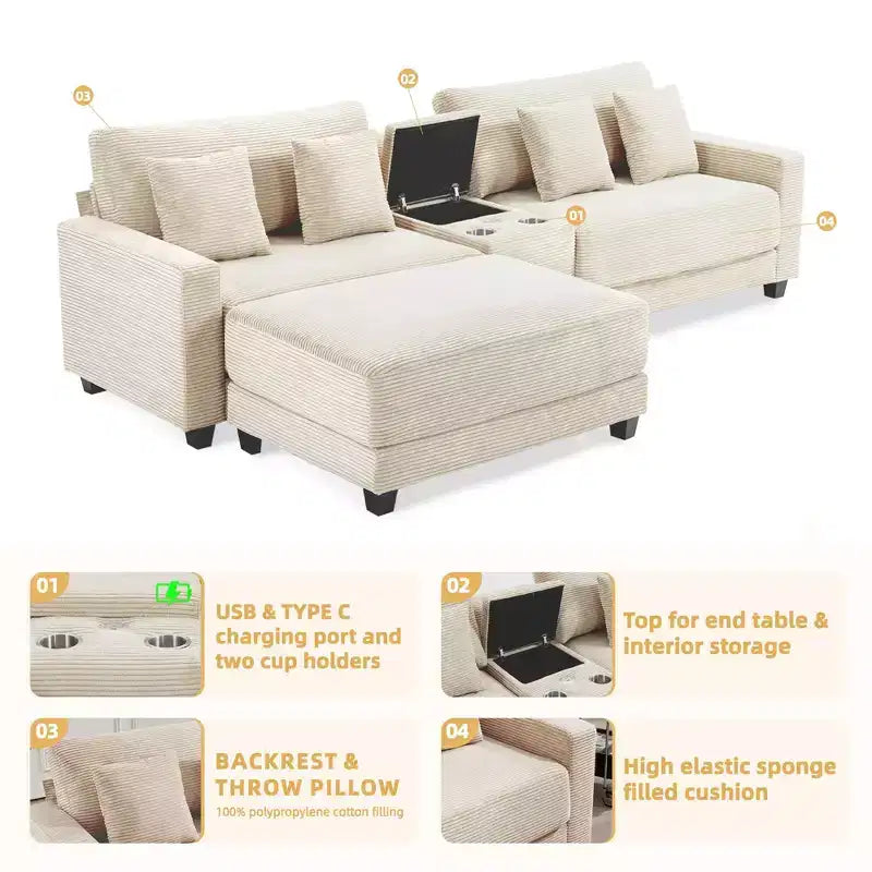 3-Piece 112" Corduroy Sectional Sofa with Ottoman, Hidden Storage, Cup Holders & USB Charging Port