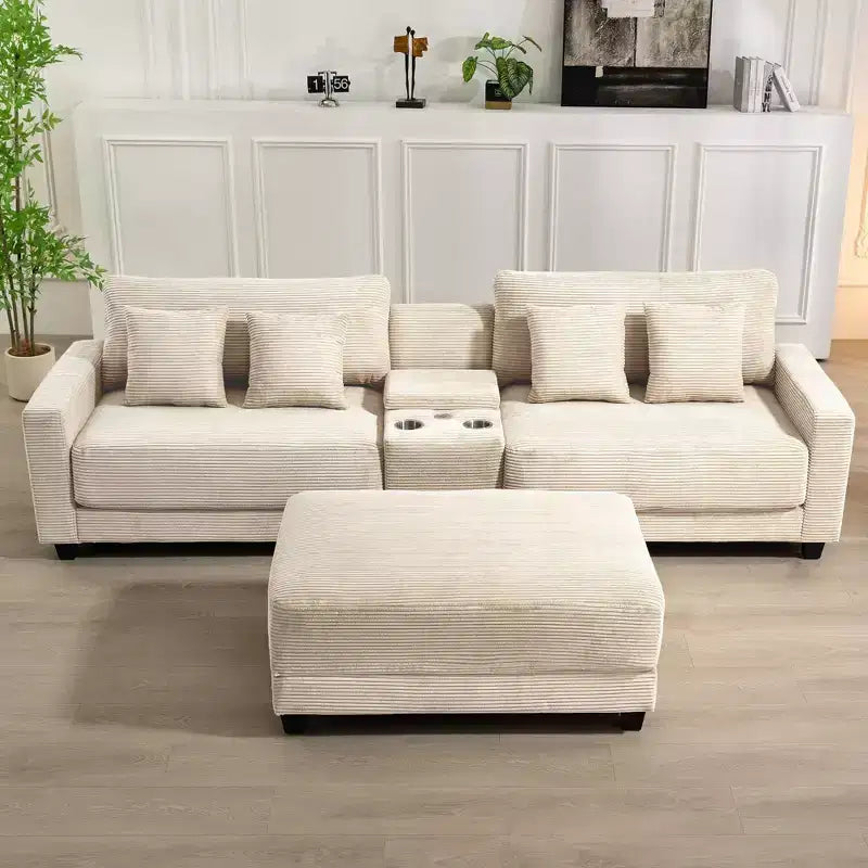 3-Piece 112" Corduroy Sectional Sofa with Ottoman, Hidden Storage, Cup Holders & USB Charging Port