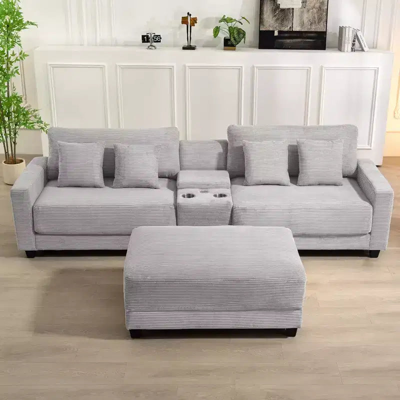 3-Piece 112" Corduroy Sectional Sofa with Ottoman, Hidden Storage, Cup Holders & USB Charging Port