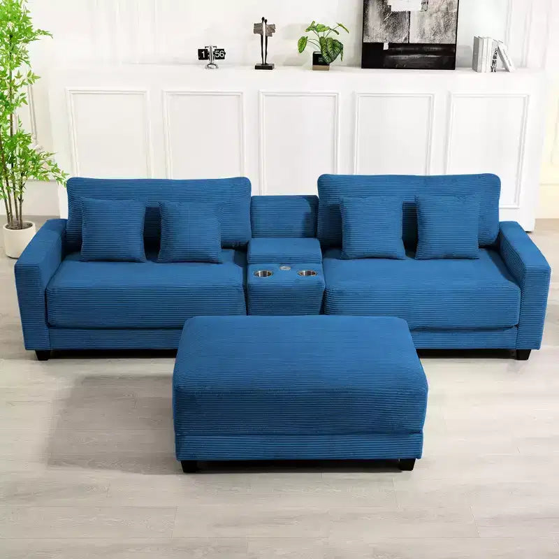 3-Piece 112" Corduroy Sectional Sofa with Ottoman, Hidden Storage, Cup Holders & USB Charging Port