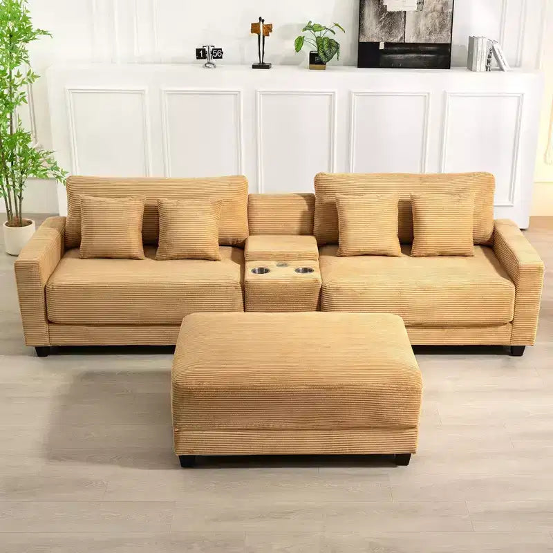 3-Piece 112" Corduroy Sectional Sofa with Ottoman, Hidden Storage, Cup Holders & USB Charging Port