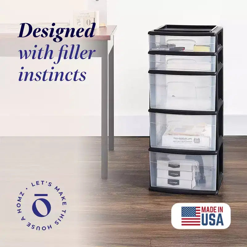 5-Drawer Clear Plastic Storage Tower, 2 Small & 3 Large Drawers, Multi-Purpose Organizer