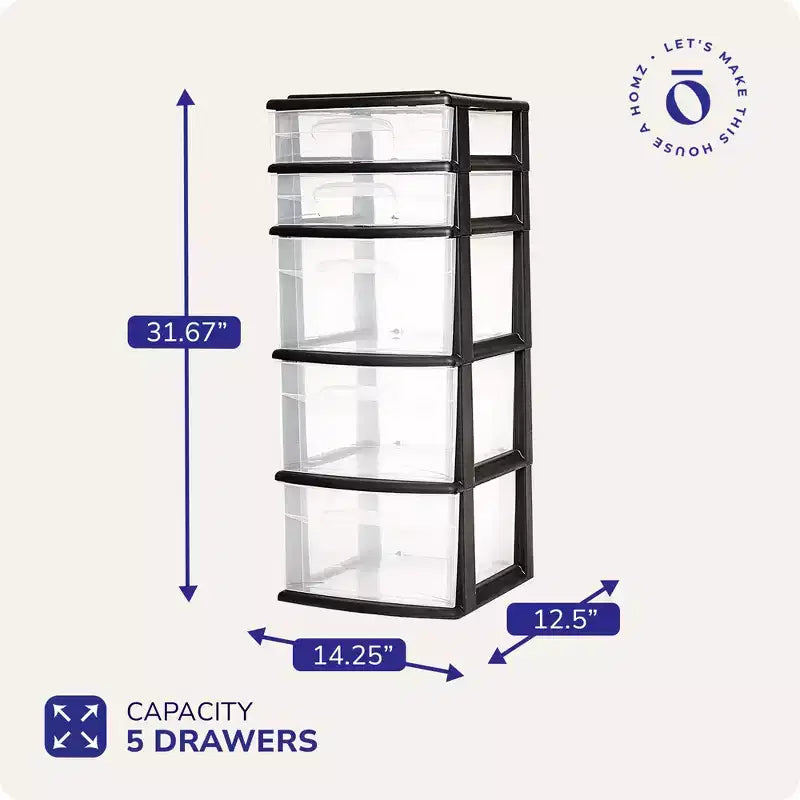 5-Drawer Clear Plastic Storage Tower, 2 Small & 3 Large Drawers, Multi-Purpose Organizer