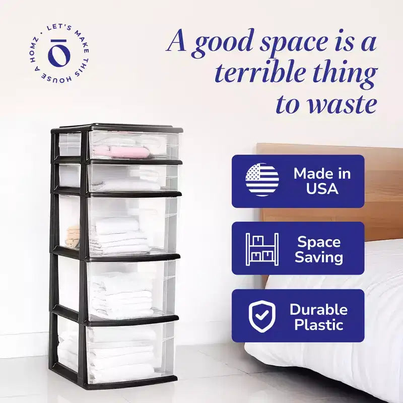 5-Drawer Clear Plastic Storage Tower, 2 Small & 3 Large Drawers, Multi-Purpose Organizer