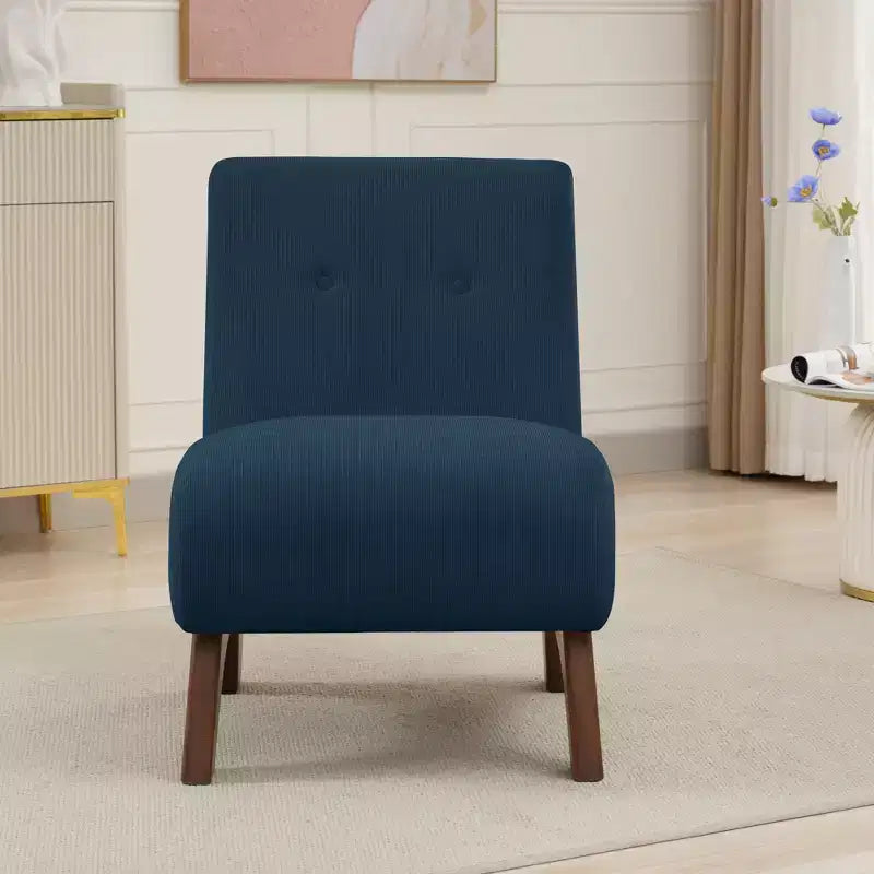 Poltroncina a pozzetto imbottita in velluto a coste con gambe in legno, senza braccioli, per soggiorno, camera da letto