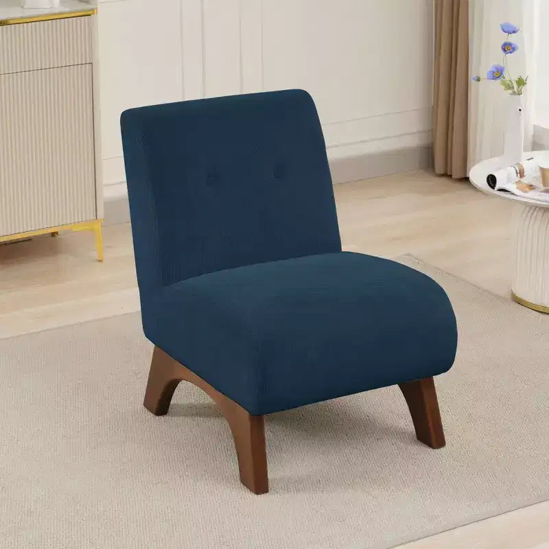 Poltroncina a pozzetto imbottita in velluto a coste con gambe in legno, senza braccioli, per soggiorno, camera da letto