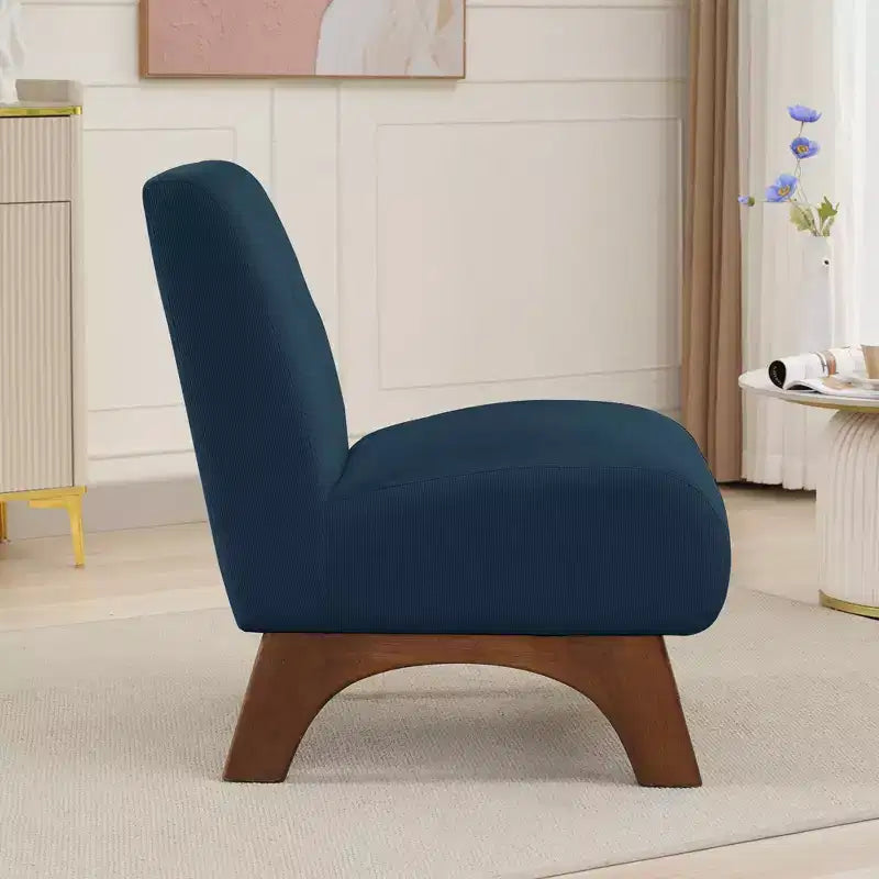 Poltroncina a pozzetto imbottita in velluto a coste con gambe in legno, senza braccioli, per soggiorno, camera da letto
