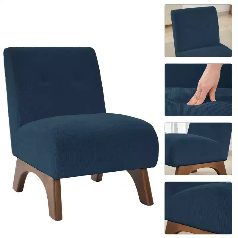 Poltroncina a pozzetto imbottita in velluto a coste con gambe in legno, senza braccioli, per soggiorno, camera da letto