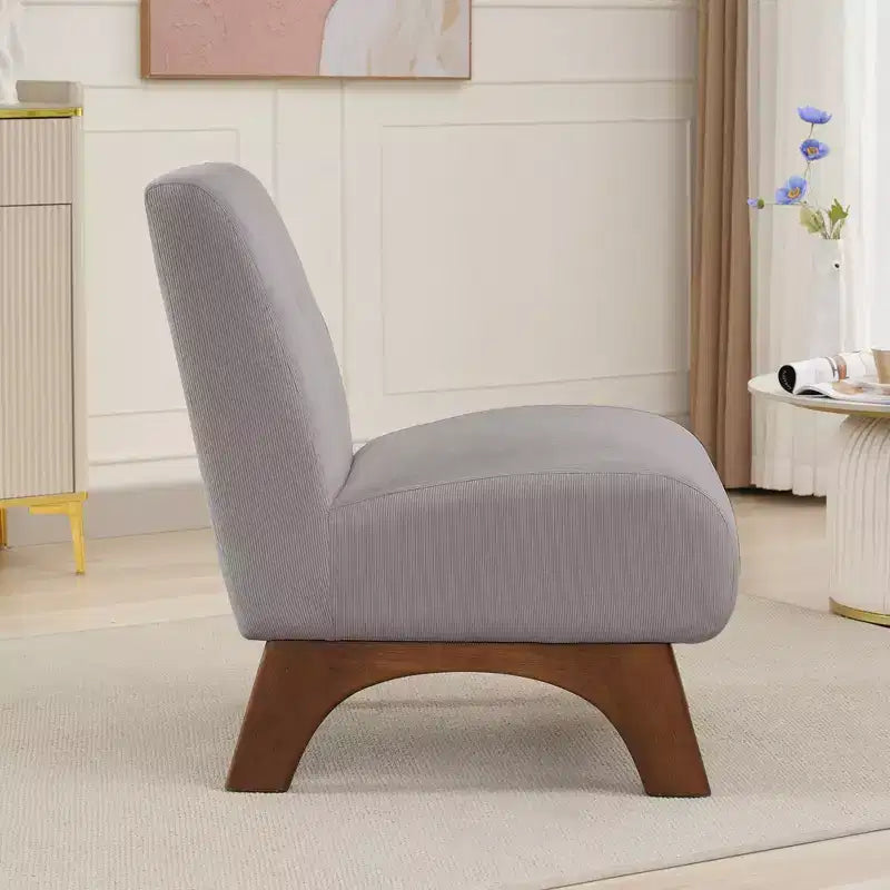 Poltroncina a pozzetto imbottita in velluto a coste con gambe in legno, senza braccioli, per soggiorno, camera da letto