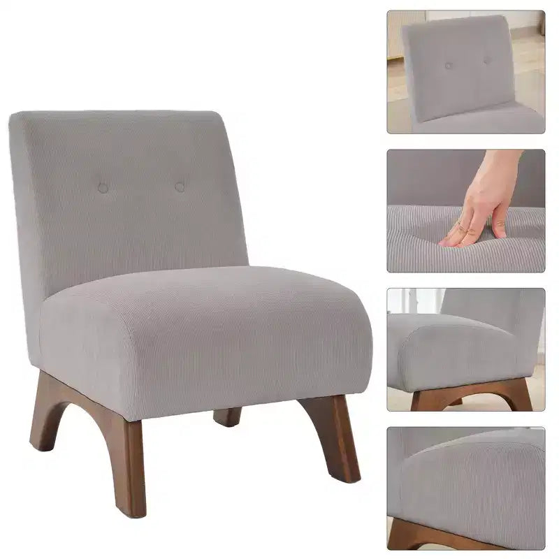 Poltroncina a pozzetto imbottita in velluto a coste con gambe in legno, senza braccioli, per soggiorno, camera da letto