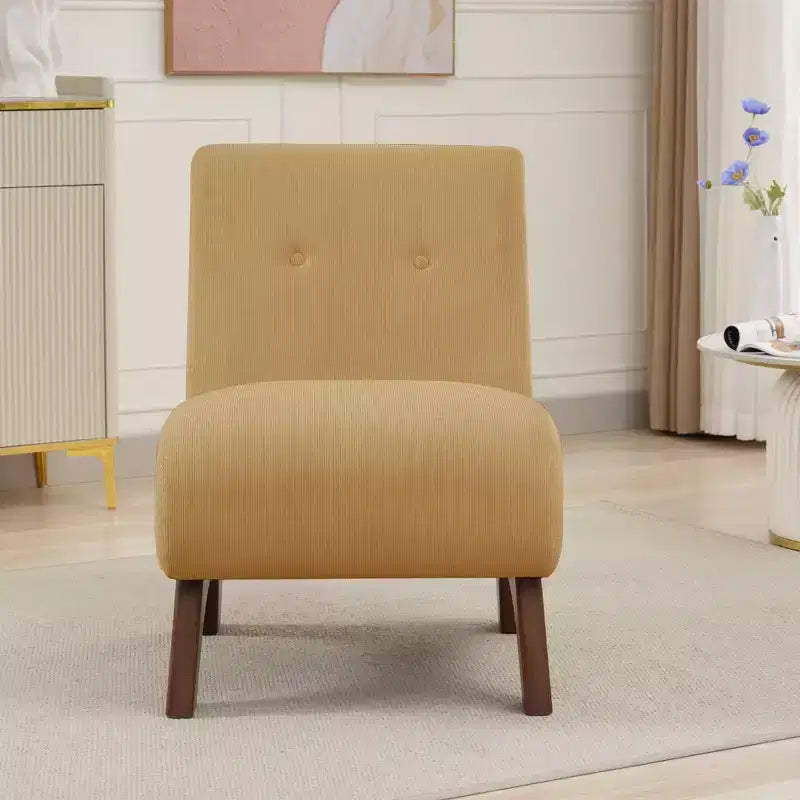 Poltroncina a pozzetto imbottita in velluto a coste con gambe in legno, senza braccioli, per soggiorno, camera da letto