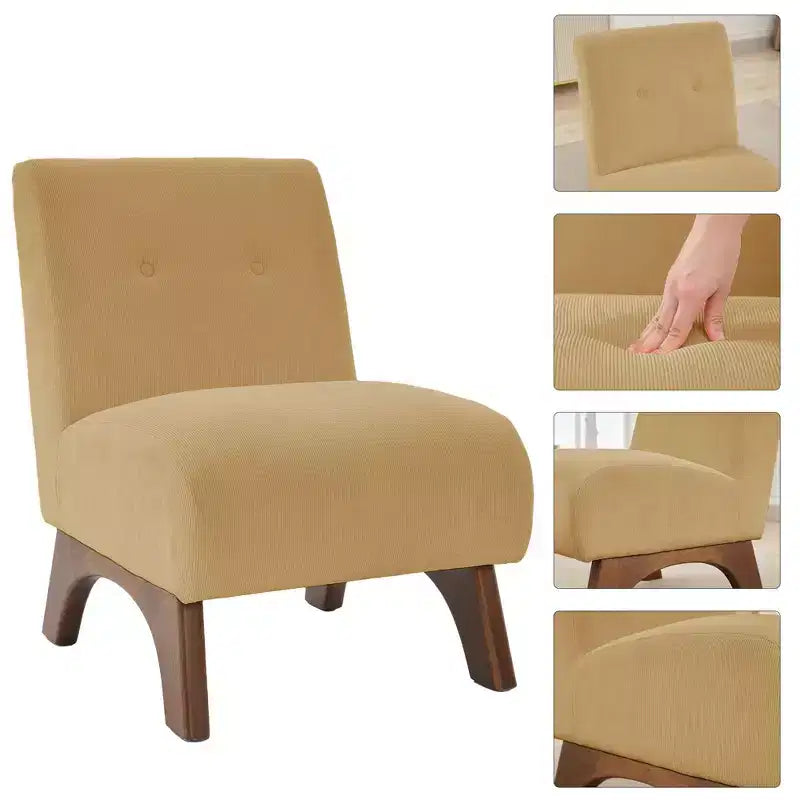 Poltroncina a pozzetto imbottita in velluto a coste con gambe in legno, senza braccioli, per soggiorno, camera da letto