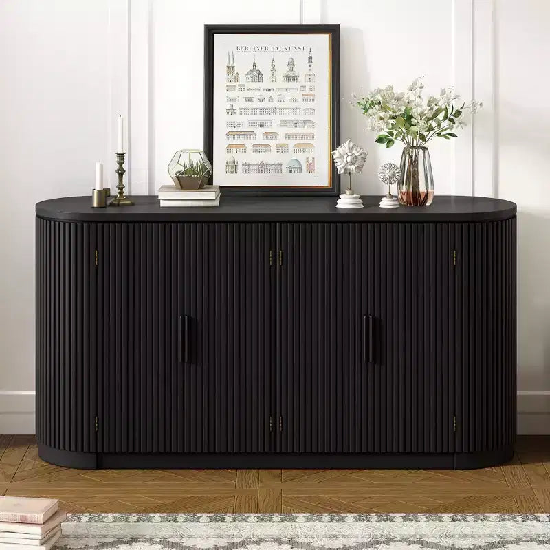63" Vertical Striped 4-Door Sideboard with Adjustable Shelves & Metal Handles for Study, Entryway, Living Room