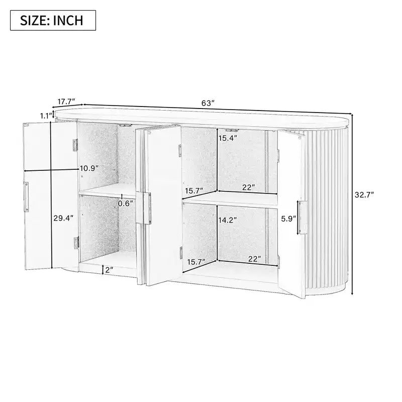 63" Vertical Striped 4-Door Sideboard with Adjustable Shelves & Metal Handles for Study, Entryway, Living Room